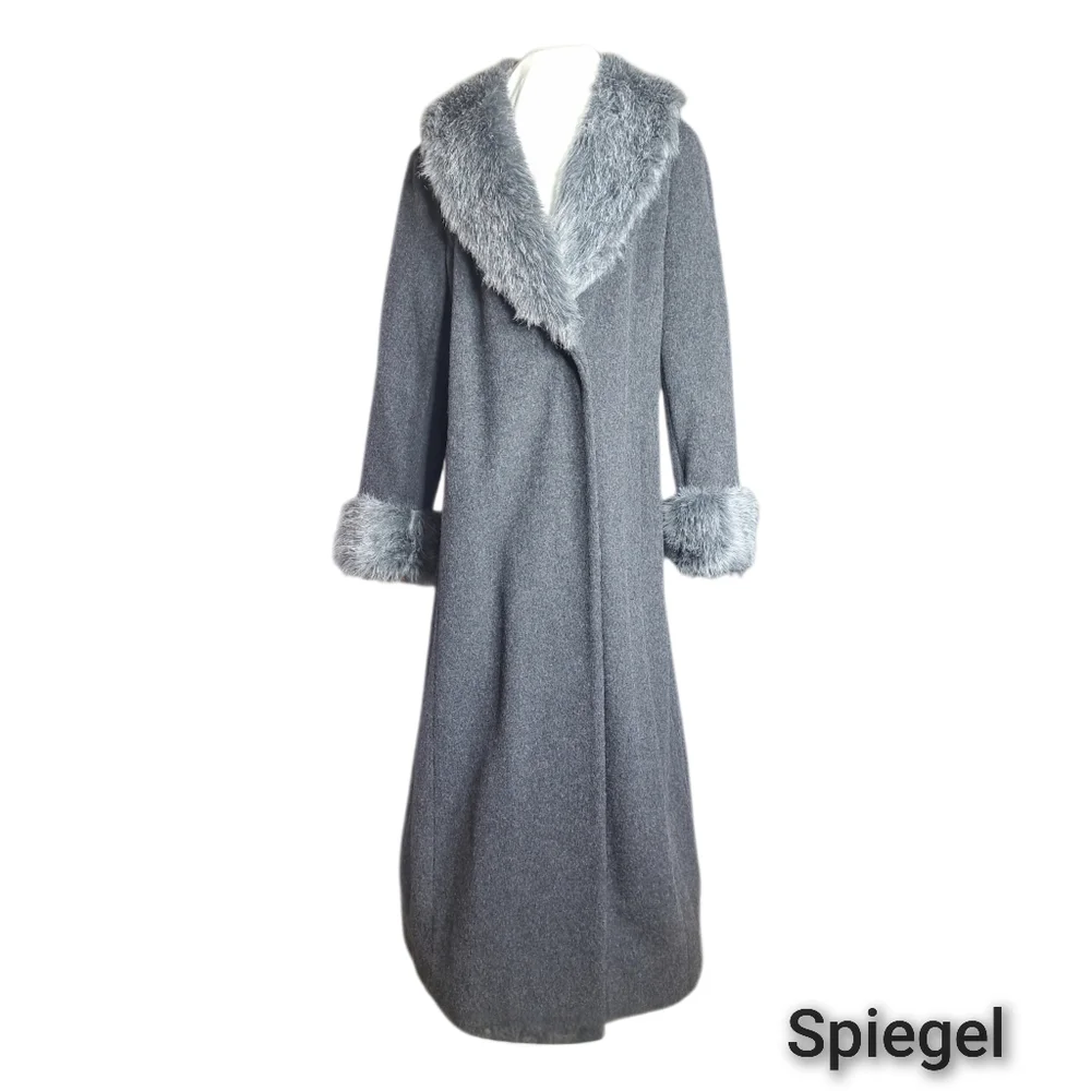 Blushe by Spiegel Grey Long Wool Coat Faux Fur Collar Cuffs Size 12 USA